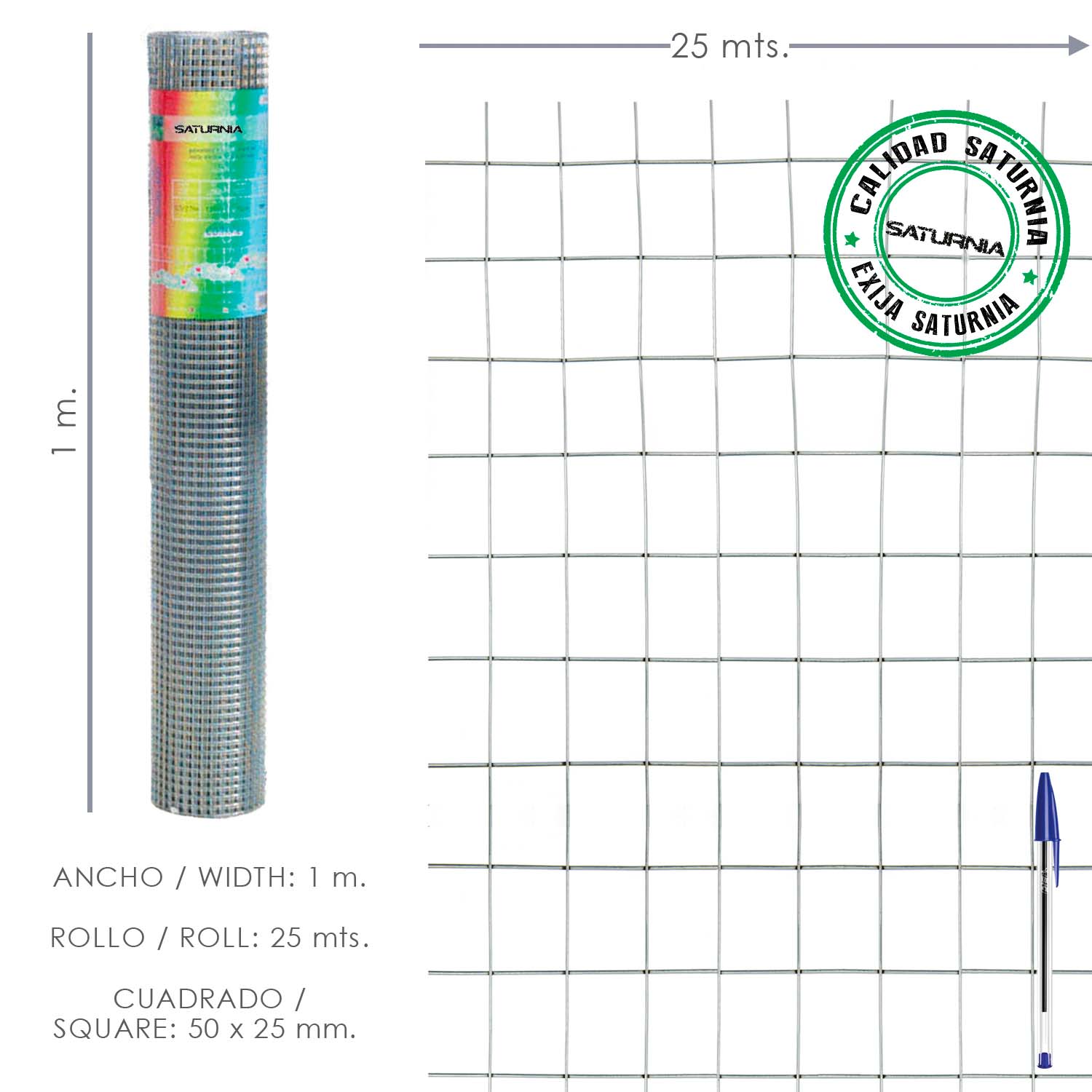 Malla Electrosoldada Galvanizada 50×25 / 2,00 / 100 cm. GA Rollo 25 metros