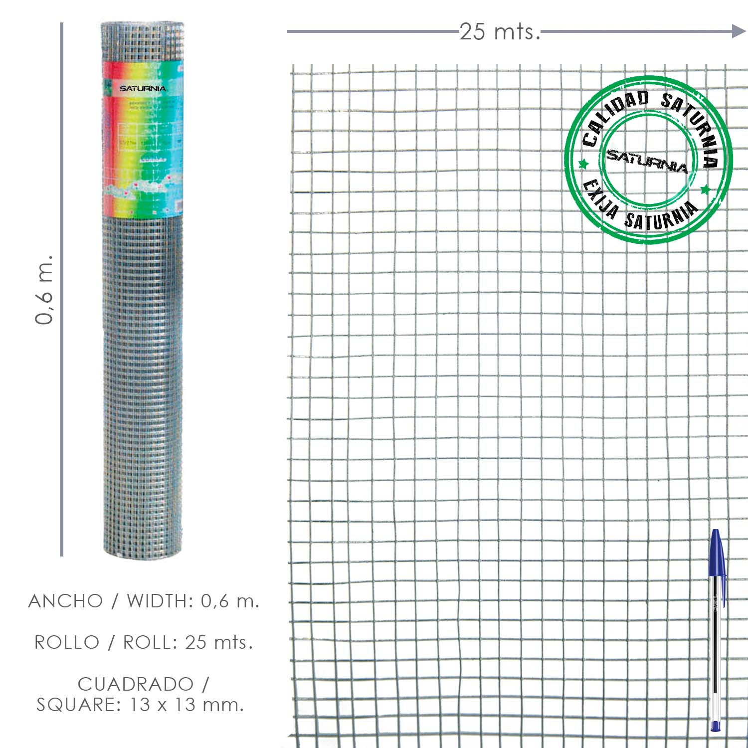 Malla Electrosoldada Galvanizada 13×13 / Altura 60 cm. Rollo 25 Metros. Uso Domestico