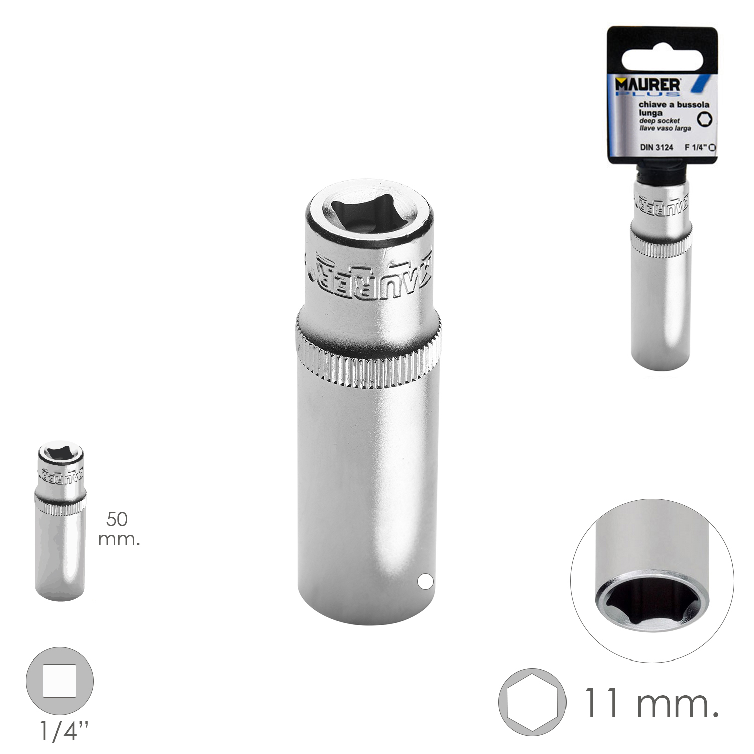 LLave Vaso Larga 1/4″ / 11 mm. Hexagonal. / Longitud 50 mm. Realizada en Acero Cromo Vanadio