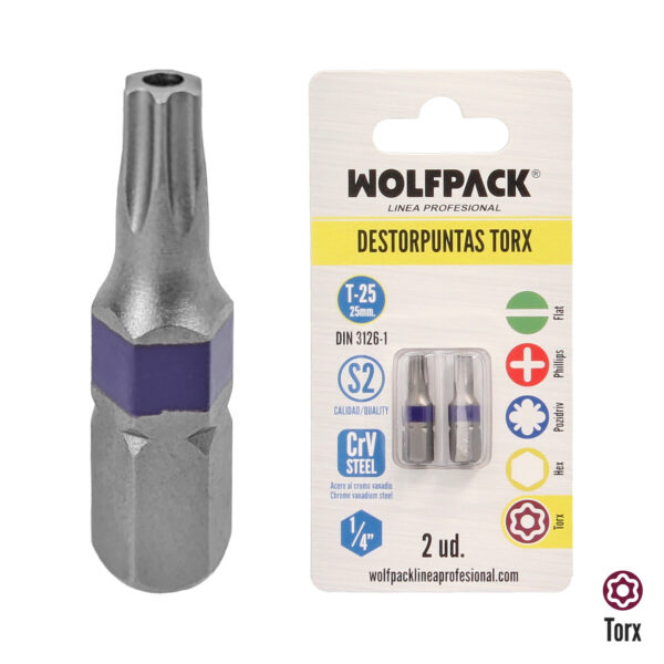 Puntas Destornillador Torx 25 Inviolable (2 Piezas). Acero S2 al Cromo Vanadio. Puntas Hexagonales, Destorpuntas,