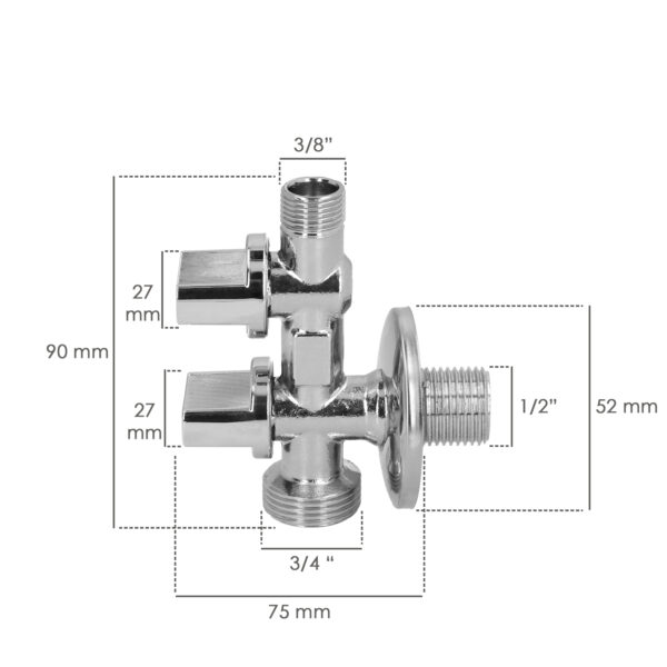 Llave De Escuadra Doble Salida 3/4″ y 3/8″. Entrada De 1/2″. Llave De Paso Doble, Llave Angular Doble, Toma Lavadora Doble.