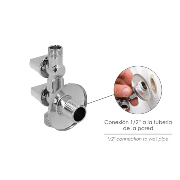 Llave De Escuadra Doble Salida 3/4″ y 3/8″. Entrada De 1/2″. Llave De Paso Doble, Llave Angular Doble, Toma Lavadora Doble.