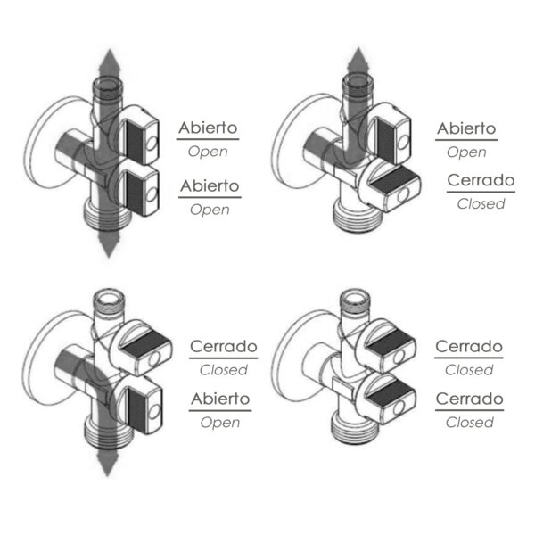 Llave De Escuadra Doble Salida 3/4″ y 3/8″. Entrada De 1/2″. Llave De Paso Doble, Llave Angular Doble, Toma Lavadora Doble.