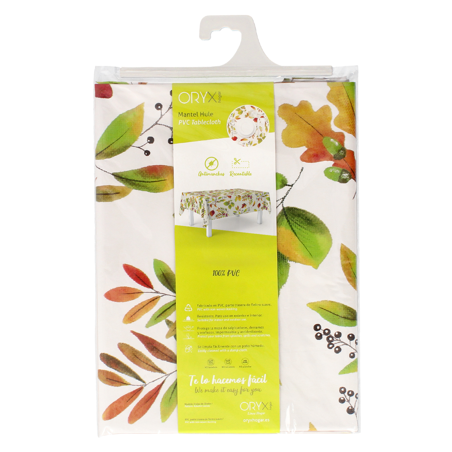 Mantel Hule Rectangular Hojas Otoño Impermeable Antimanchas PVC 140×250 cm. Recortable Uso Interior y Exterior