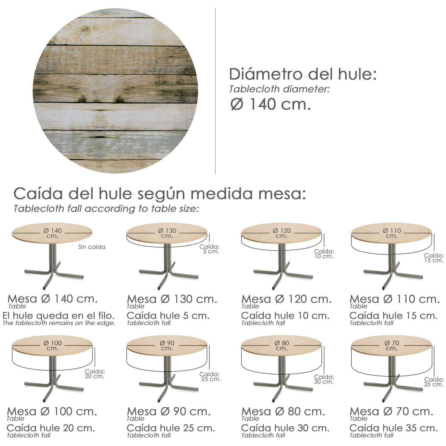 Mantel Hule Redondo Tablones Madera Impermeable Antimanchas PVC Ø 140 cm. Uso Interior y Exterior