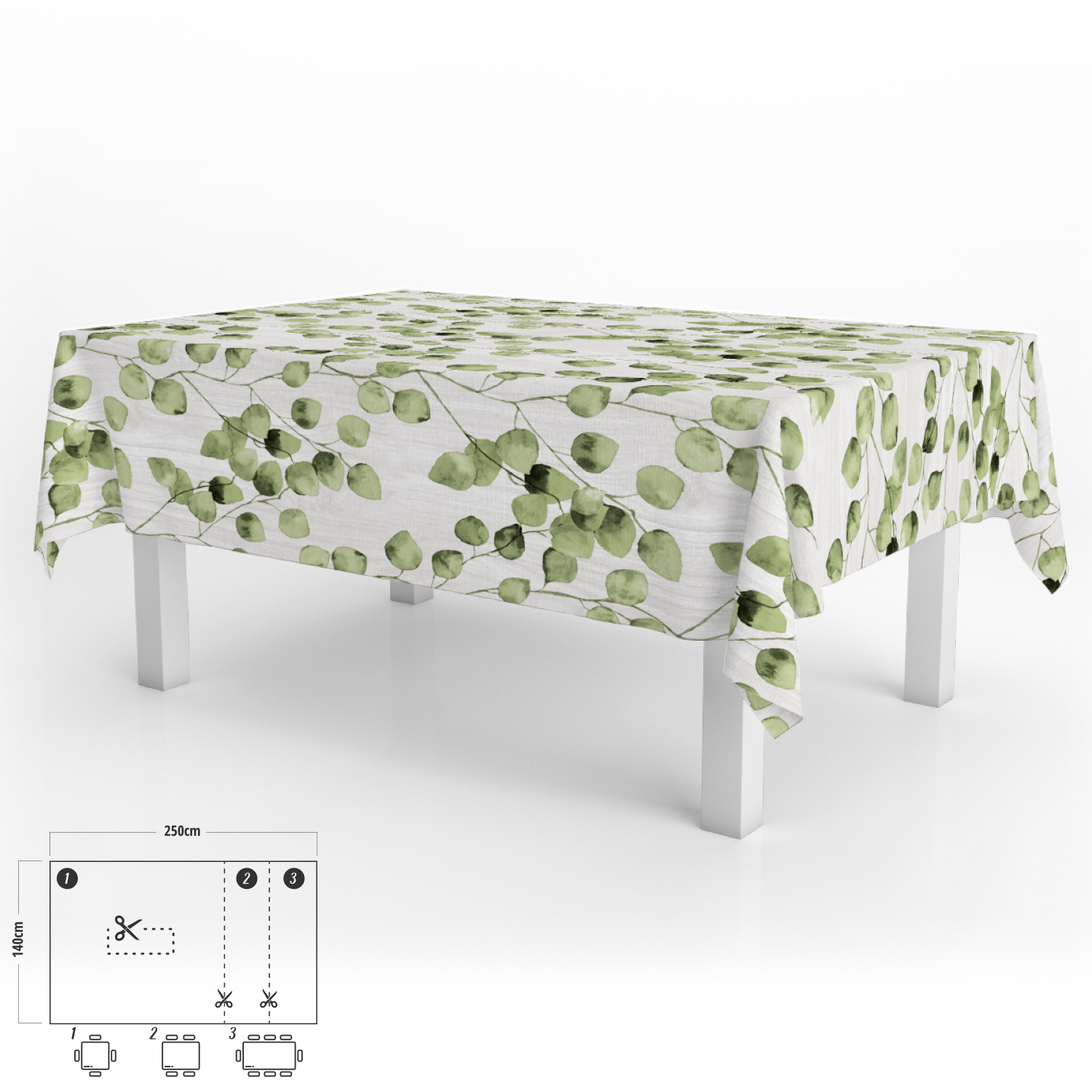 Mantel Hule Rectangular Hojas Verdes Impermeable Antimanchas PVC 140×250 cm. Recortable Uso Interior y Exterior