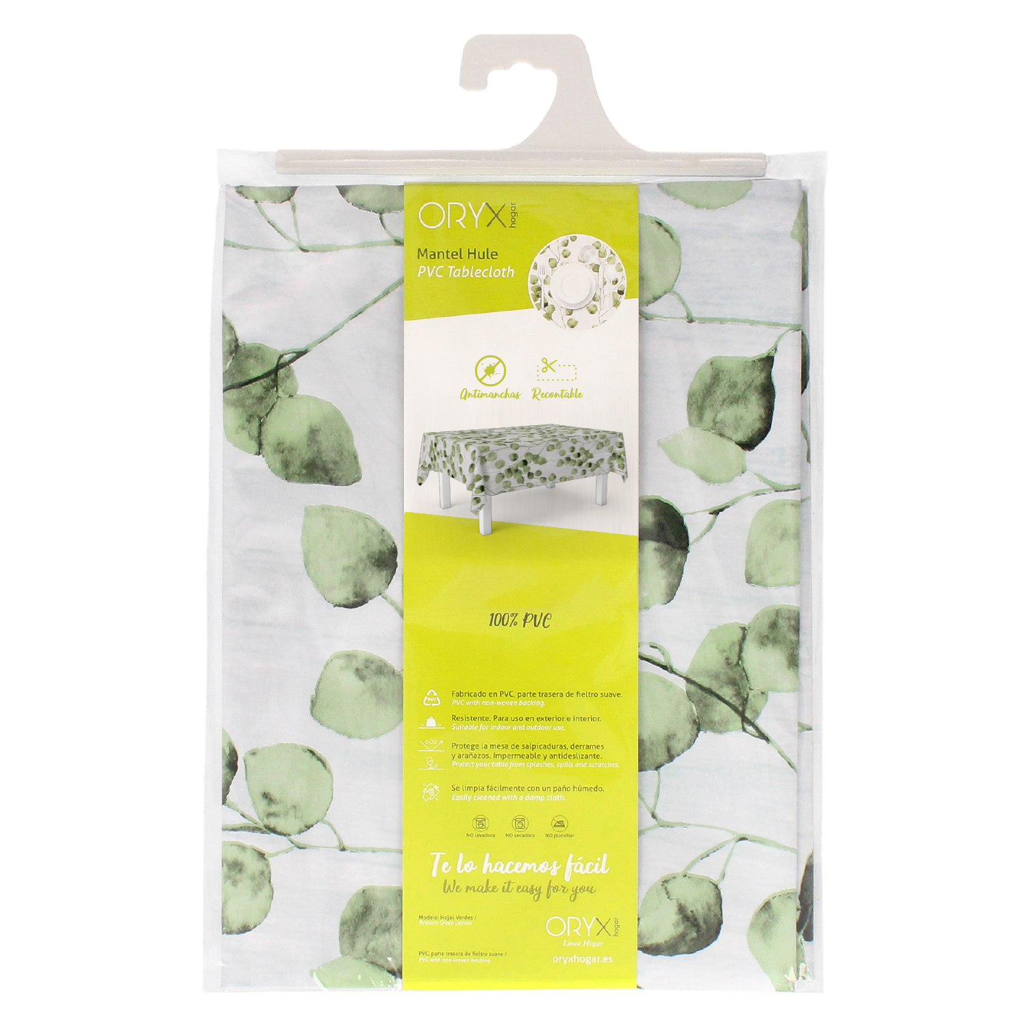 Mantel Hule Rectangular Hojas Verdes Impermeable Antimanchas PVC 140×250 cm. Recortable Uso Interior y Exterior