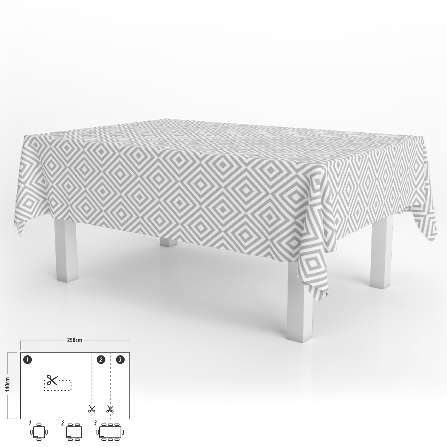 Mantel Hule Rectangular Rombos Grises Impermeable Antimanchas PVC 140×250 cm. Recortable Uso Interior y Exterior