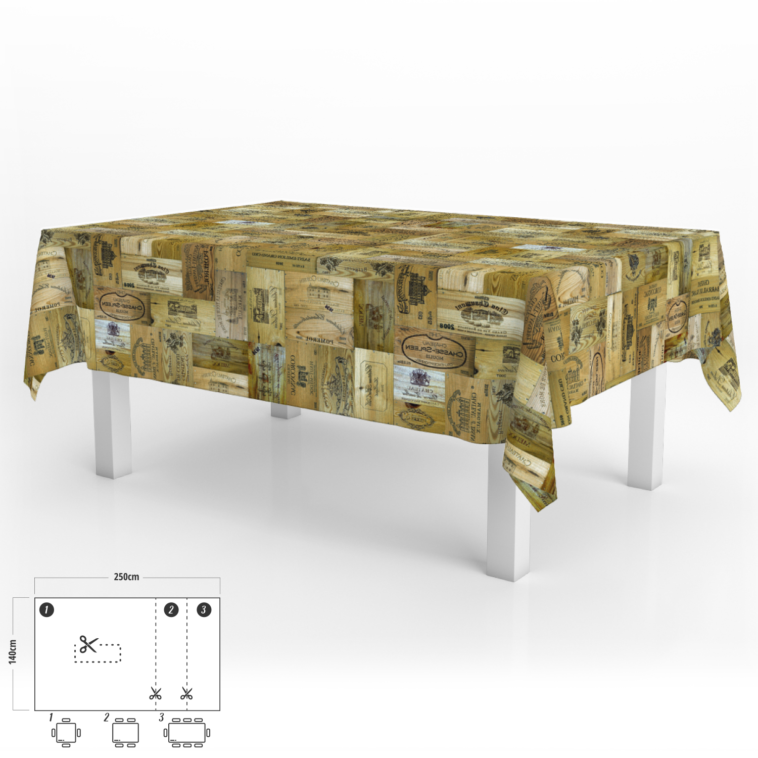 Mantel Hule Rectangular Tablones Vino Impermeable Antimanchas PVC 140×250 cm. Recortable Uso Interior y Exterior