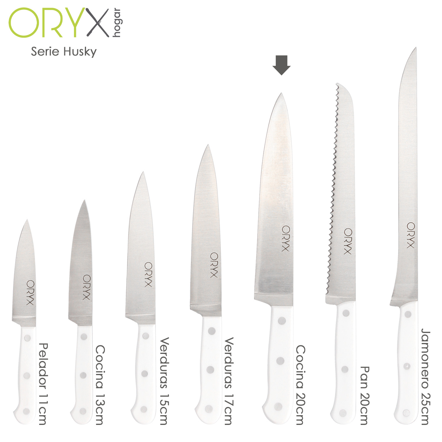 Cuchillo Husky Cocina 20 cm. Hoja Acero Inoxidable, Cuchillo Carne, Cuchillo Pescado, Cuchillo Chef, Mango Ergonomico Blanco