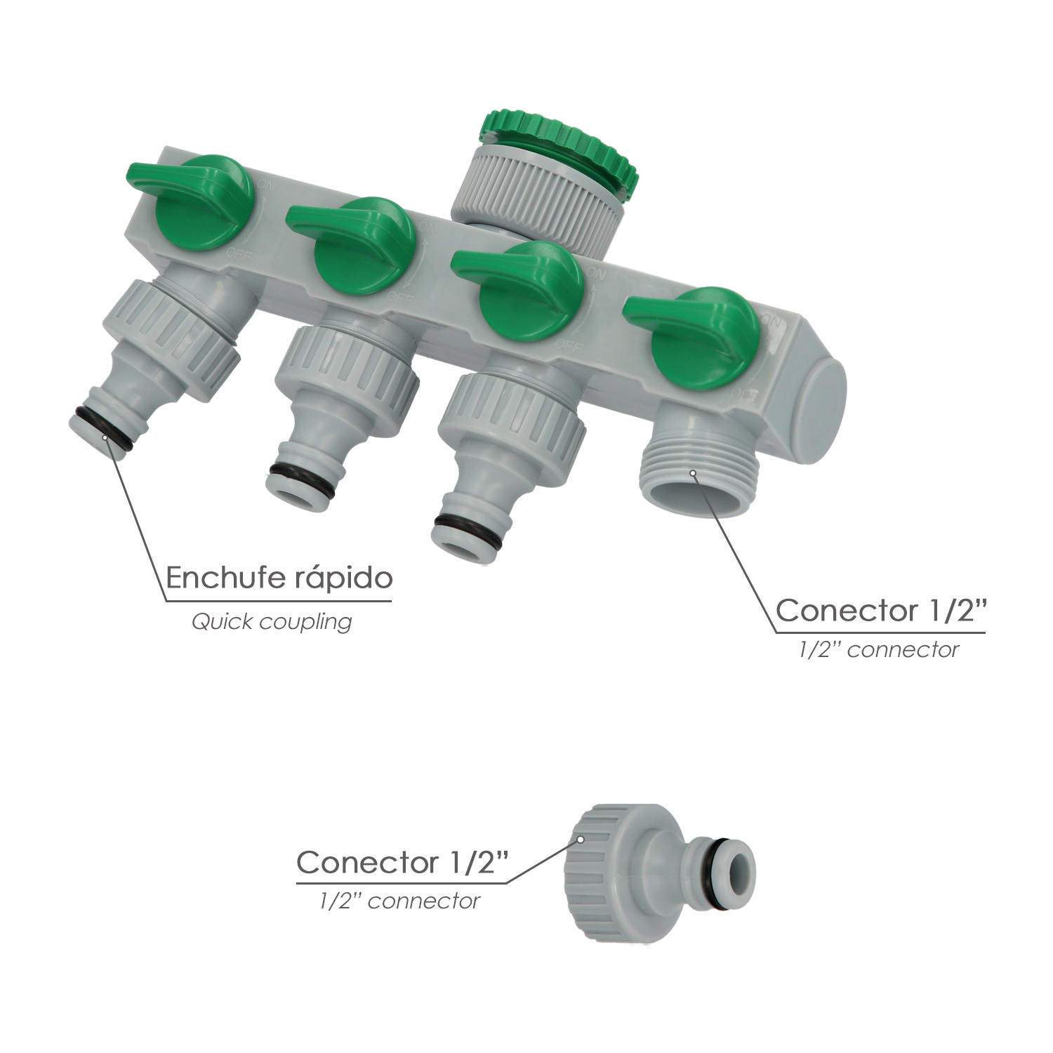 Adaptador Manguera Plastico 3/4″ – 1″ 4 Vias, Distribuidor 4 vias, Divisor Manguera, Ajuste Independiente, Tomas 1/2+Adaptador