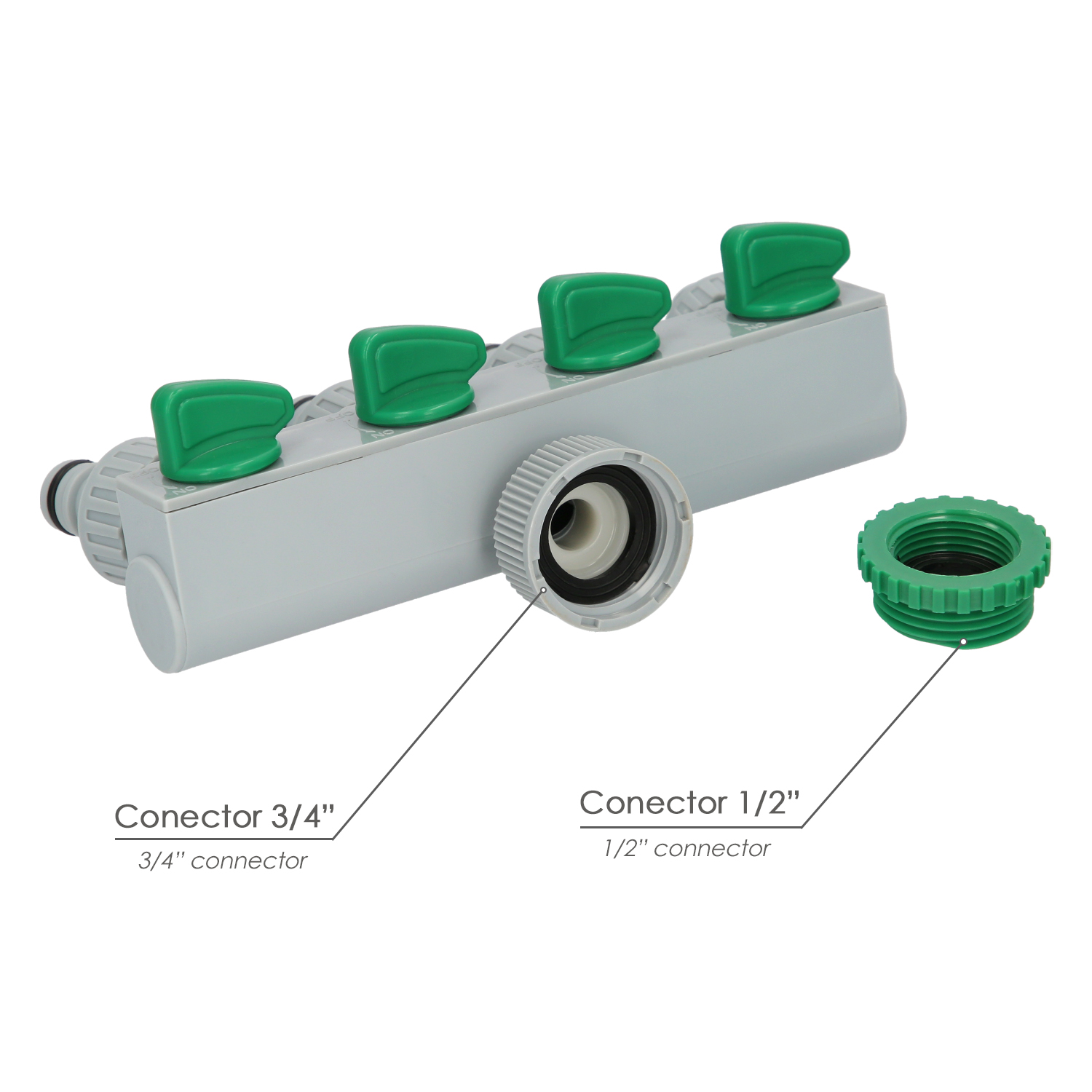 Adaptador Manguera Plastico 3/4″ – 1″ 4 Vias, Distribuidor 4 vias, Divisor Manguera, Ajuste Independiente, Tomas 1/2+Adaptador