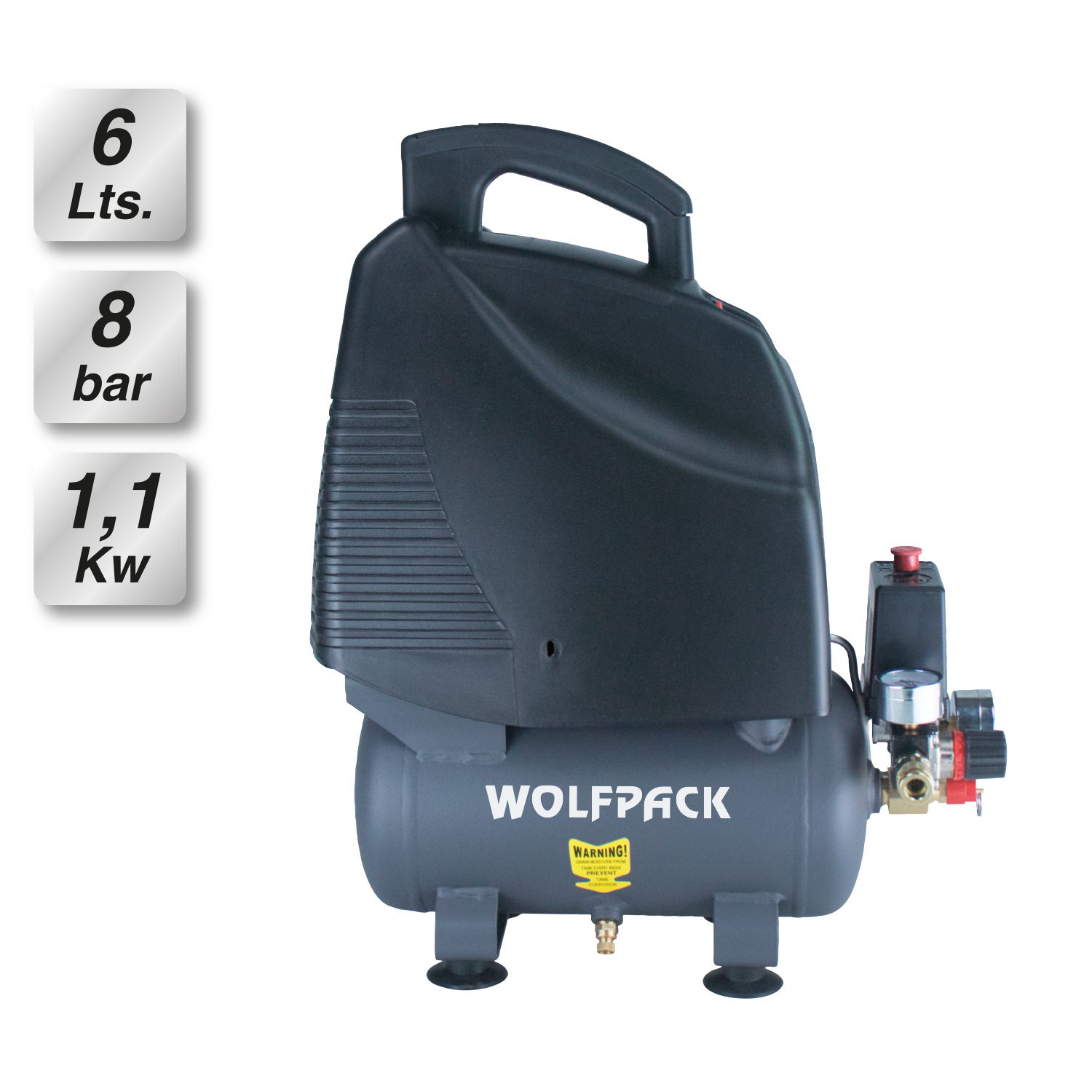 Compresor Aire Wolfpack 6 Litros / 8 Bares / 1,1 Kw – 1,5 HP Sin Aceite